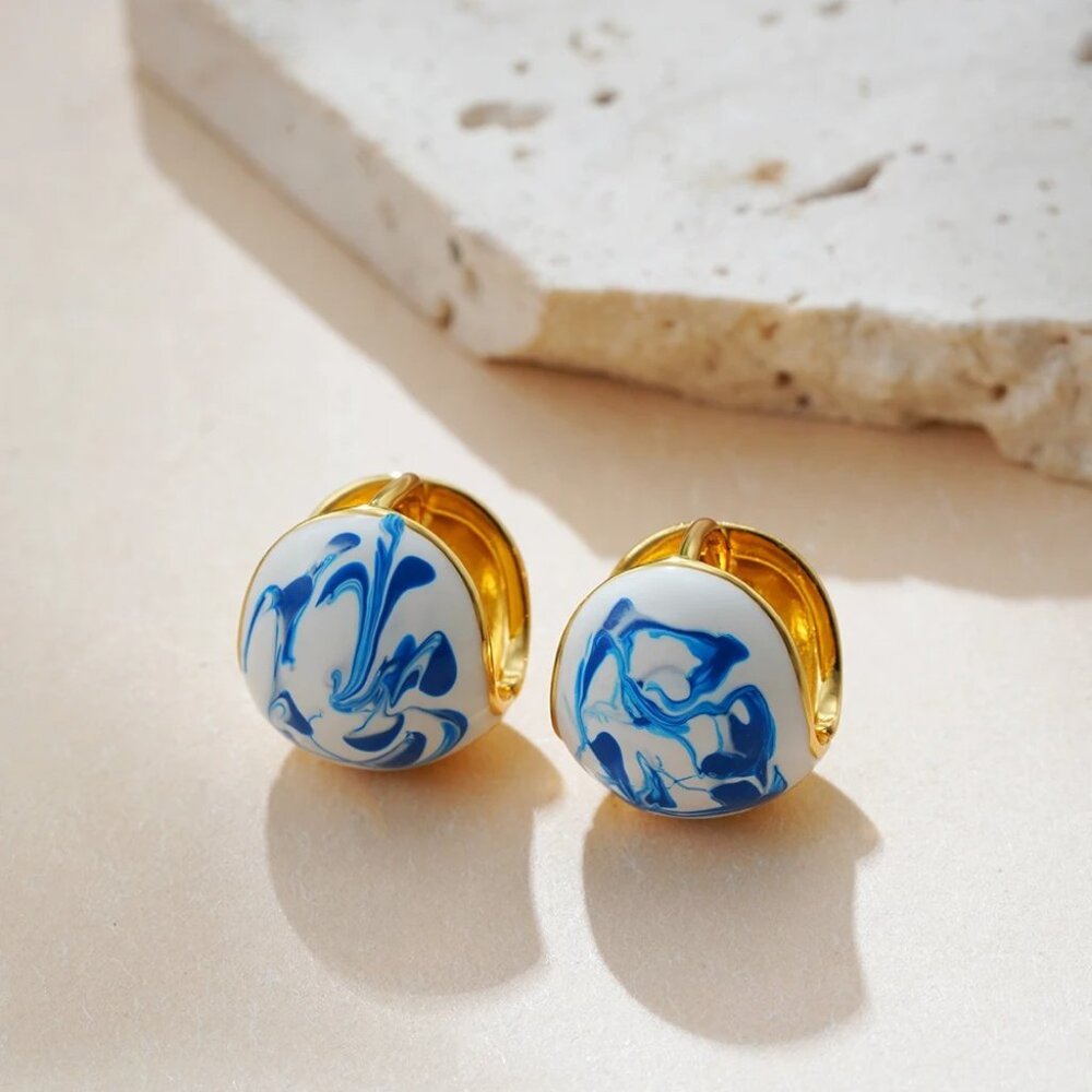 Vintage White & Blue Enamel Hoop Gold Plated Earrings